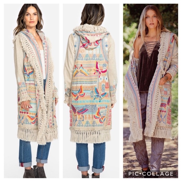 Johnny Was Cyrillus Embroidered Hooded Duster Coat Fringe Boho Truffle XS EUC - Picture 1 of 10